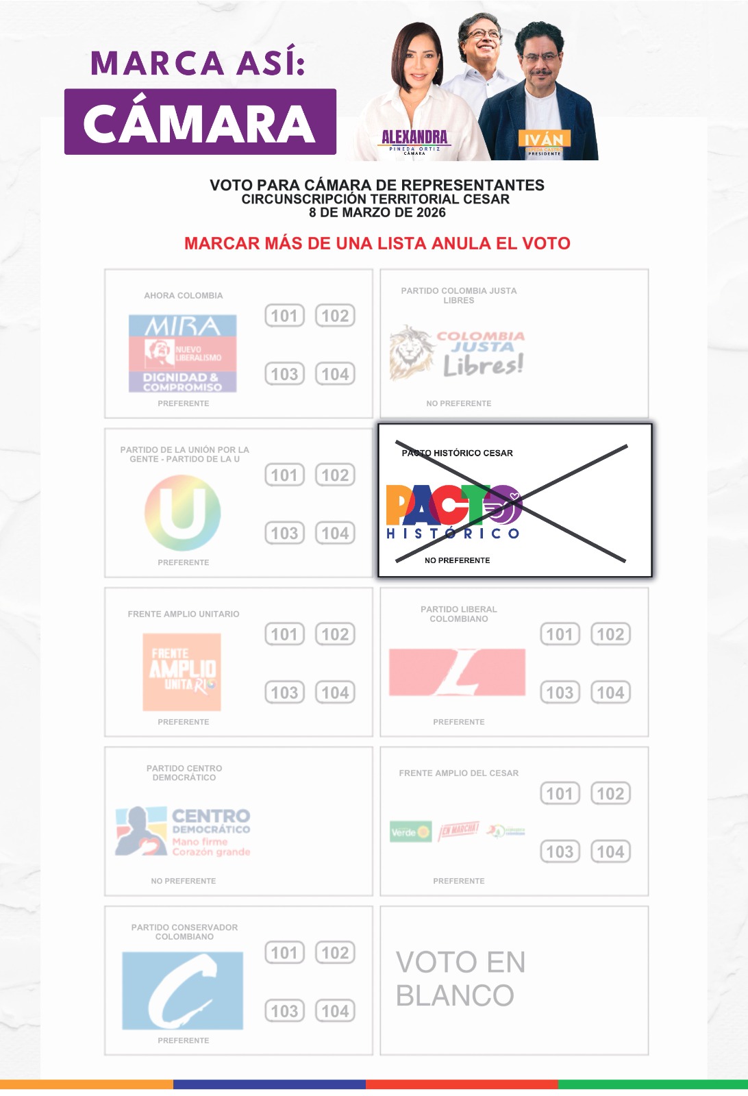 Tarjetón electoral Cámara de Representantes Cesar 2026 - Vota por Alexandra Pineda con el Pacto Histórico